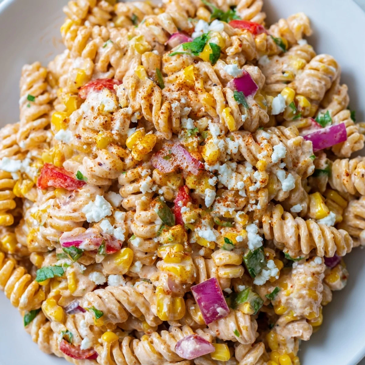 Cold Juicy Street Corn Pasta Salad bowl topped with fresh cilantro, crumbly white cheese, and lime wedges