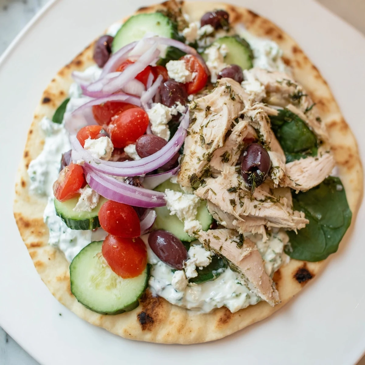 Golden grilled Greek chicken flatbread topped with colorful vegetables and creamy tzatziki sauce