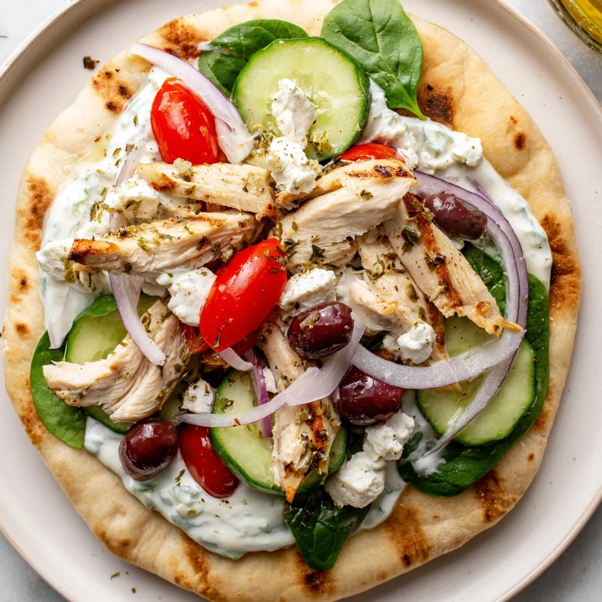 Homemade Greek chicken flatbread featuring sliced chicken breast, fresh veggies, and tangy feta cheese