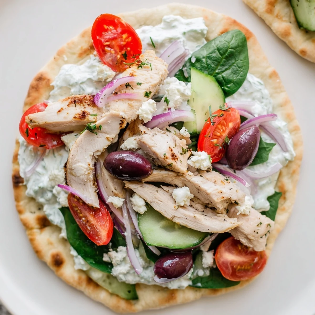 Mediterranean-style Greek chicken flatbread with marinated chicken, crisp toppings, and cool yogurt sauce