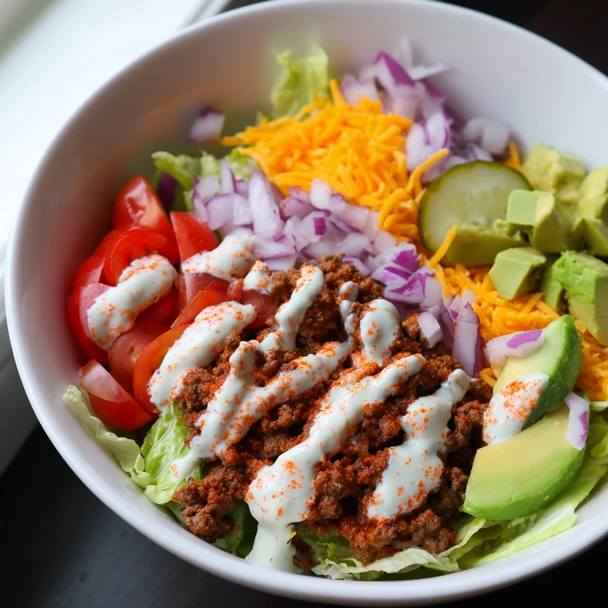 Golden brown seasoned ground beef layered over crisp romaine lettuce with melted cheddar cheese, cherry tomatoes, and creamy special sauce in a hearty burger bowl.