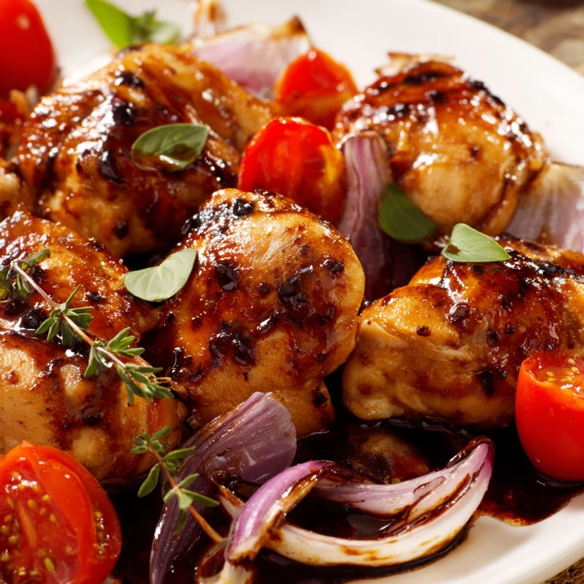 Golden brown chicken breasts resting in a rich balsamic glaze with juicy cherry tomatoes