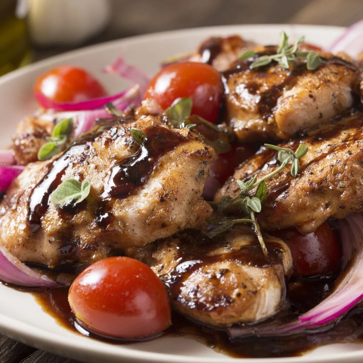 Tender chicken thighs coated in dark balsamic vinegar sauce with basil and garlic aromatics