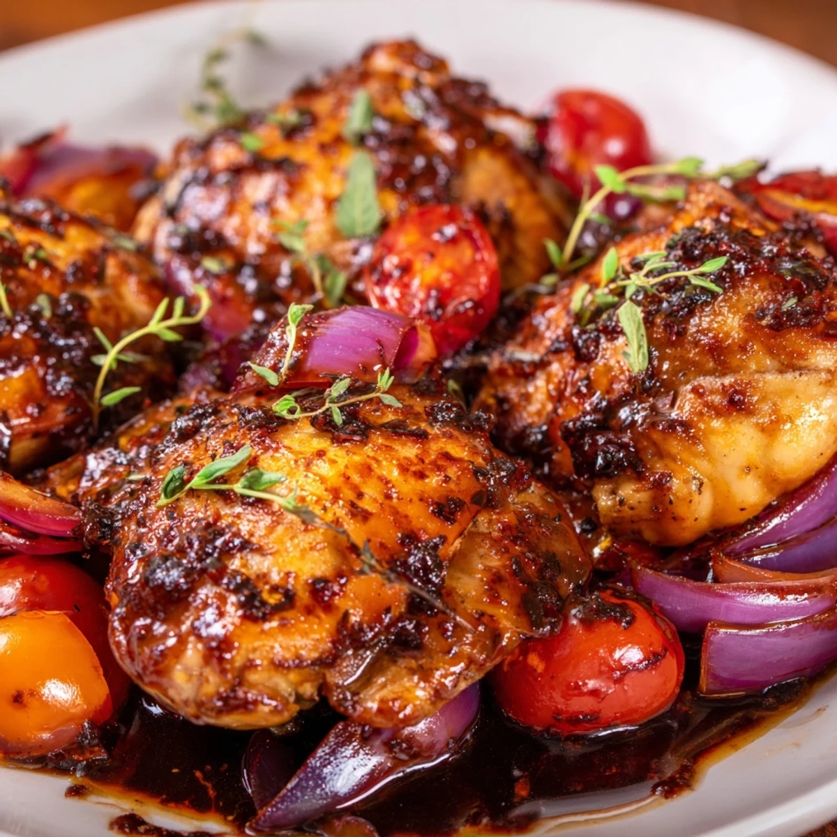 One pan juicy chicken with balsamic sauce simmered alongside red onions and fresh herbs