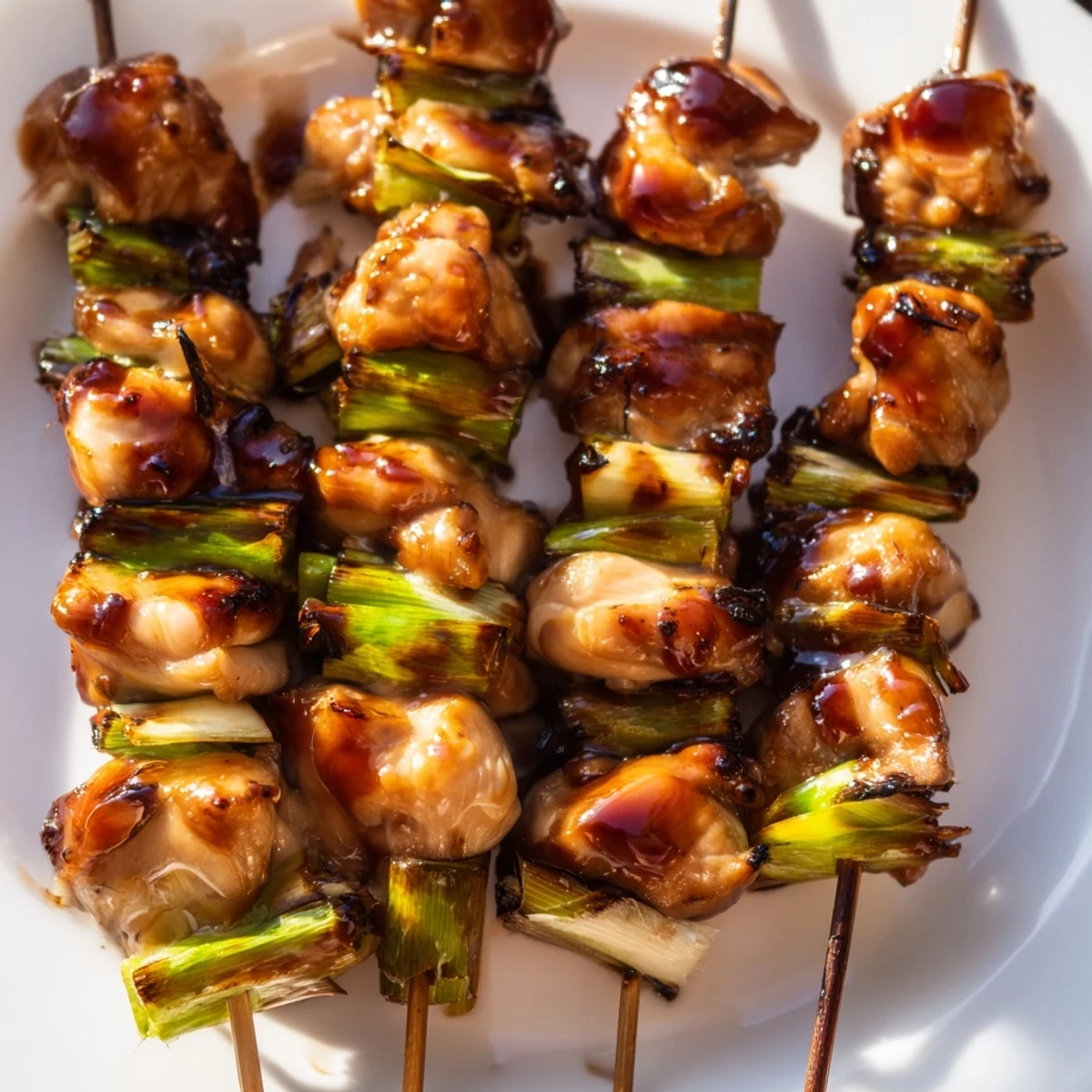 Golden glazed Japanese chicken yakitori skewers grilled to caramelized perfection with green onions