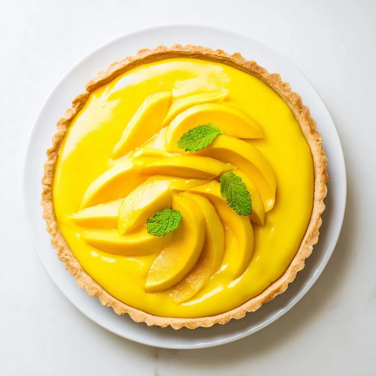 Golden mango curd tart with buttery crust garnished with fresh mango slices