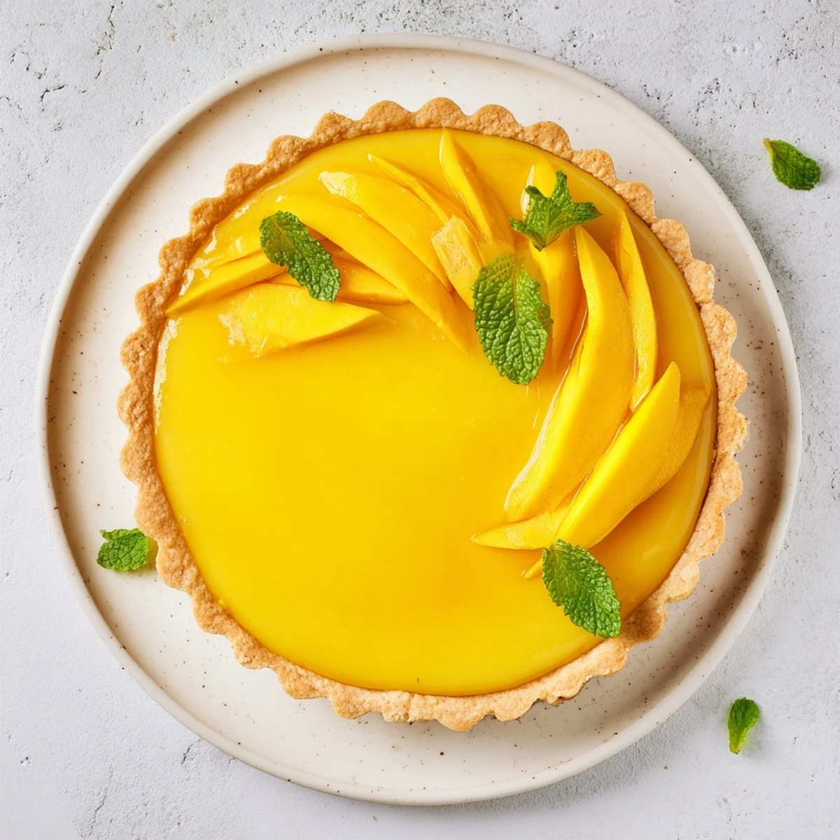 Creamy mango curd tart featuring silky filling in a crisp golden pastry shell
