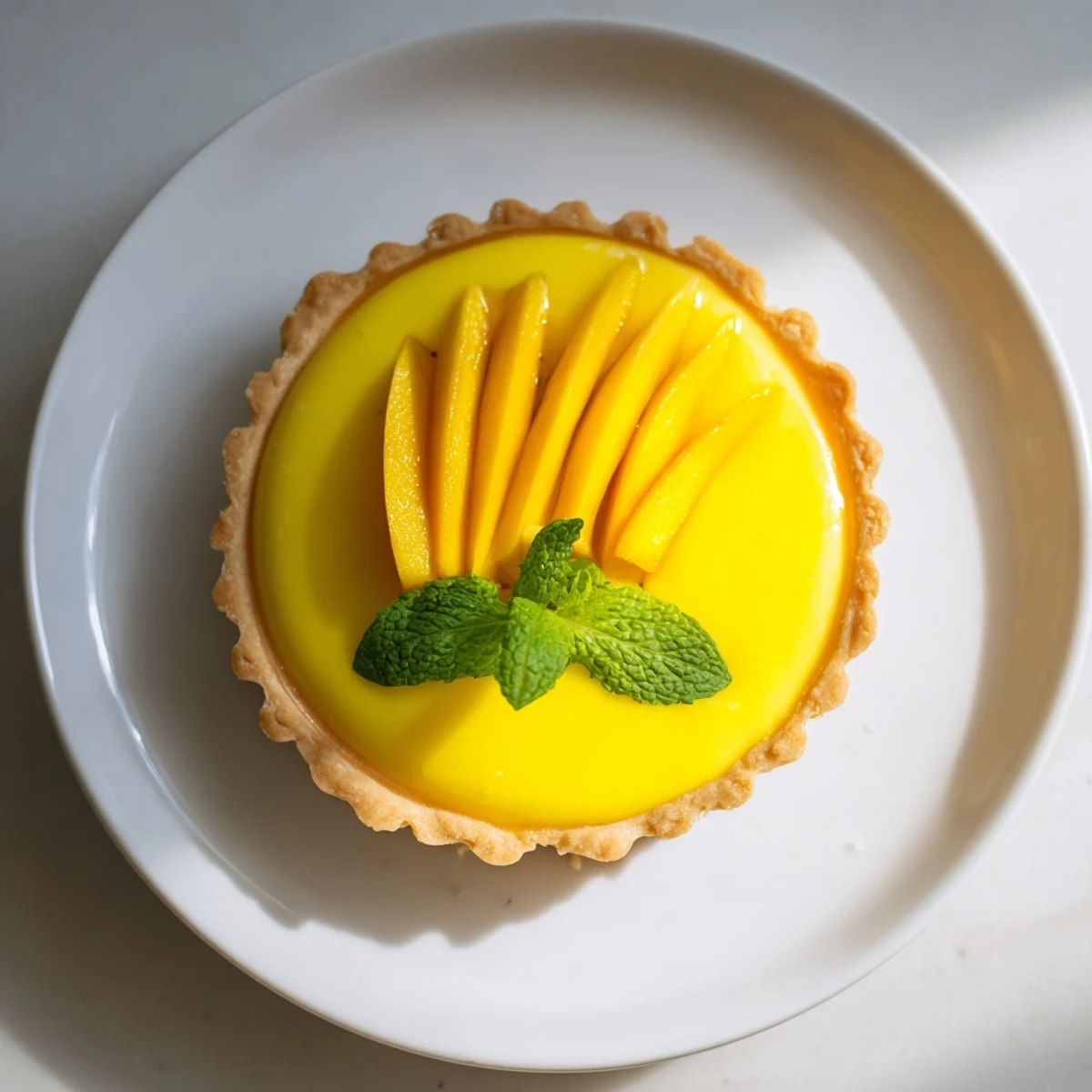 Elegant mango curd tart topped with fresh mango and mint on serving plate