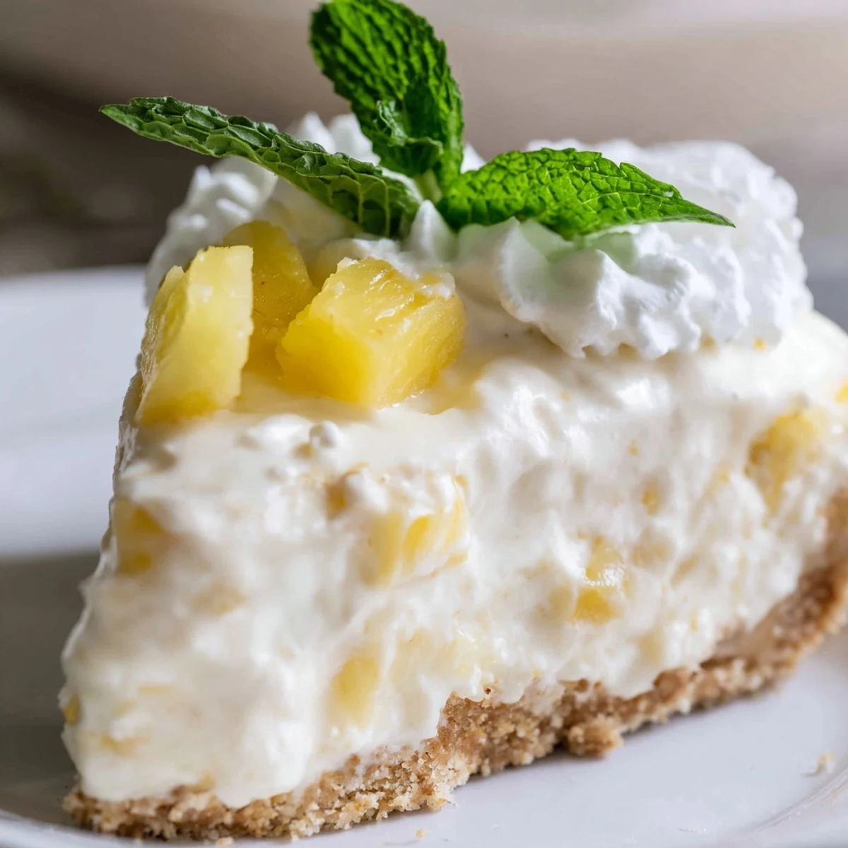 Creamy no bake pineapple cheesecake slice topped with crushed pineapple and fresh mint garnish on white plate