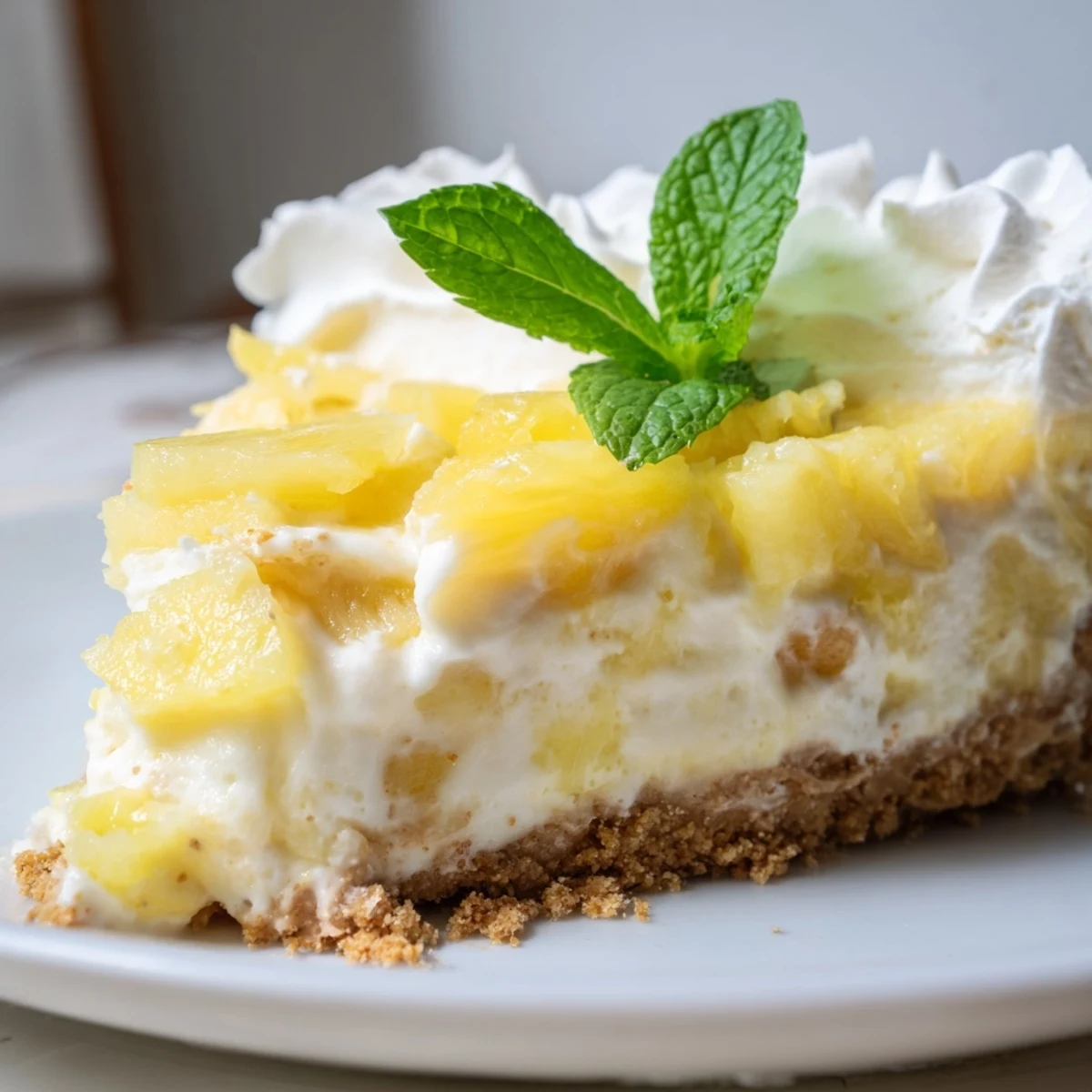 Golden graham cracker crust supports smooth pineapple cheesecake filling with whipped cream rosette and mint leaf