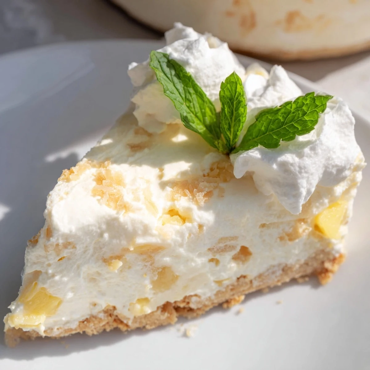Close-up of chilled no bake pineapple cheesecake with pineapple chunks and dollop of sweet whipped cream