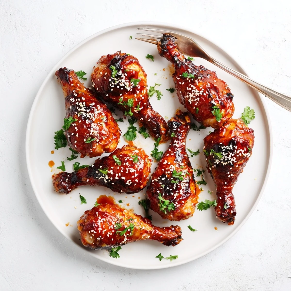 Golden honey garlic baked chicken drumsticks coated in sticky caramelized glaze with fresh parsley garnish