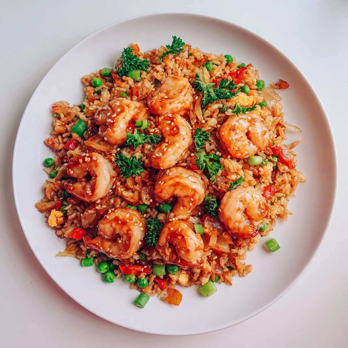 Steaming plate of garlic prawns and sweet chilli fried rice garnished with fresh parsley and spring onions