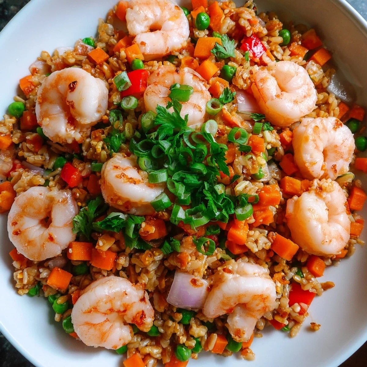 Golden garlic prawns arranged over colorful sweet chilli fried rice with diced vegetables and egg