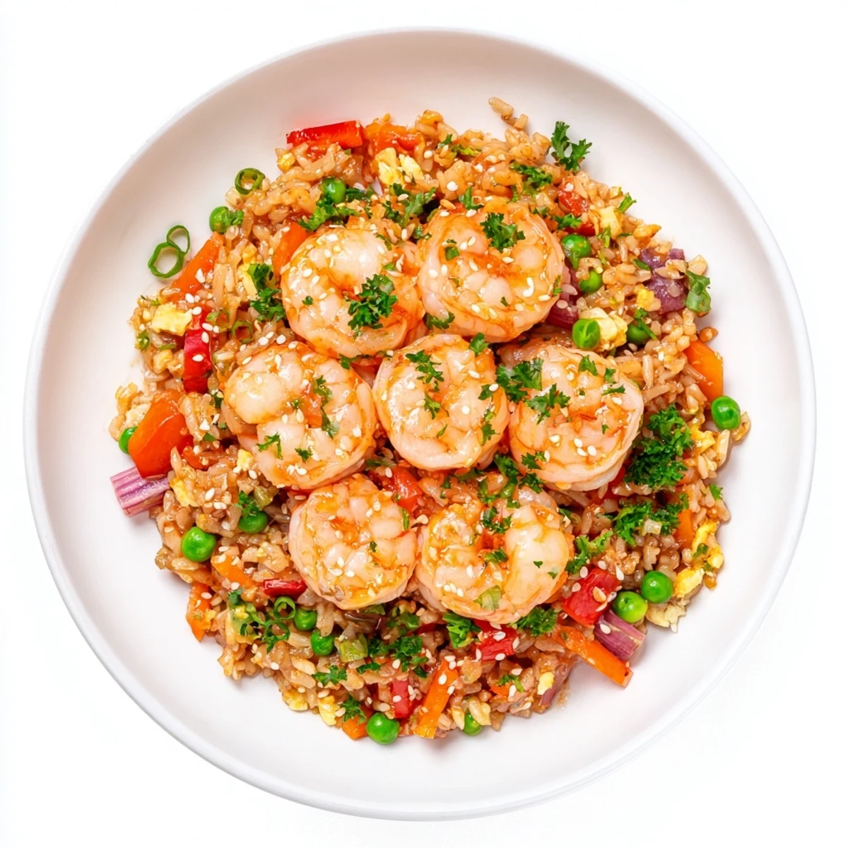 Close-up of juicy garlic prawns atop vibrant sweet chilli fried rice with red bell pepper and carrots