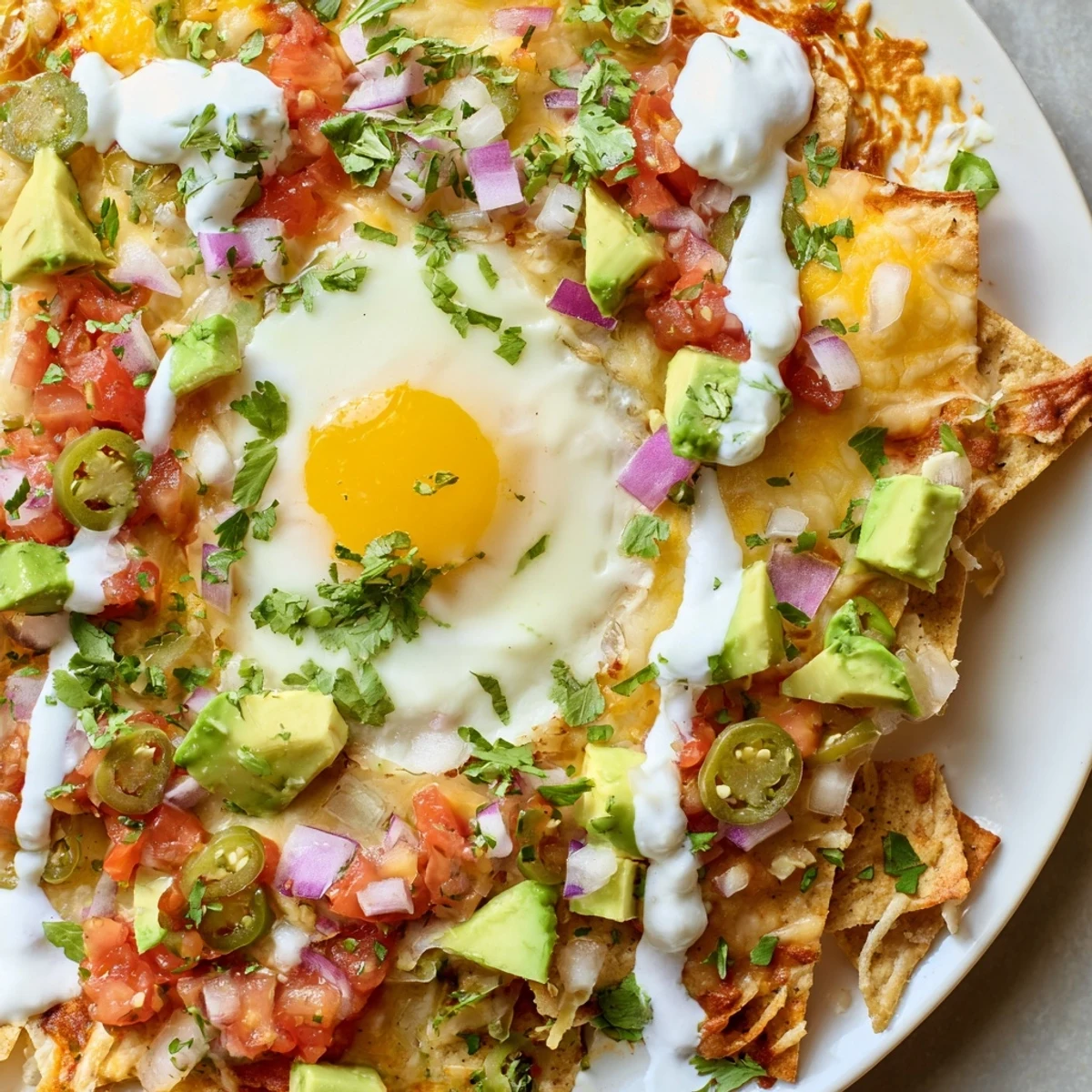 Crispy tortilla chips topped with runny eggs, avocado, cilantro, and drizzled sour cream