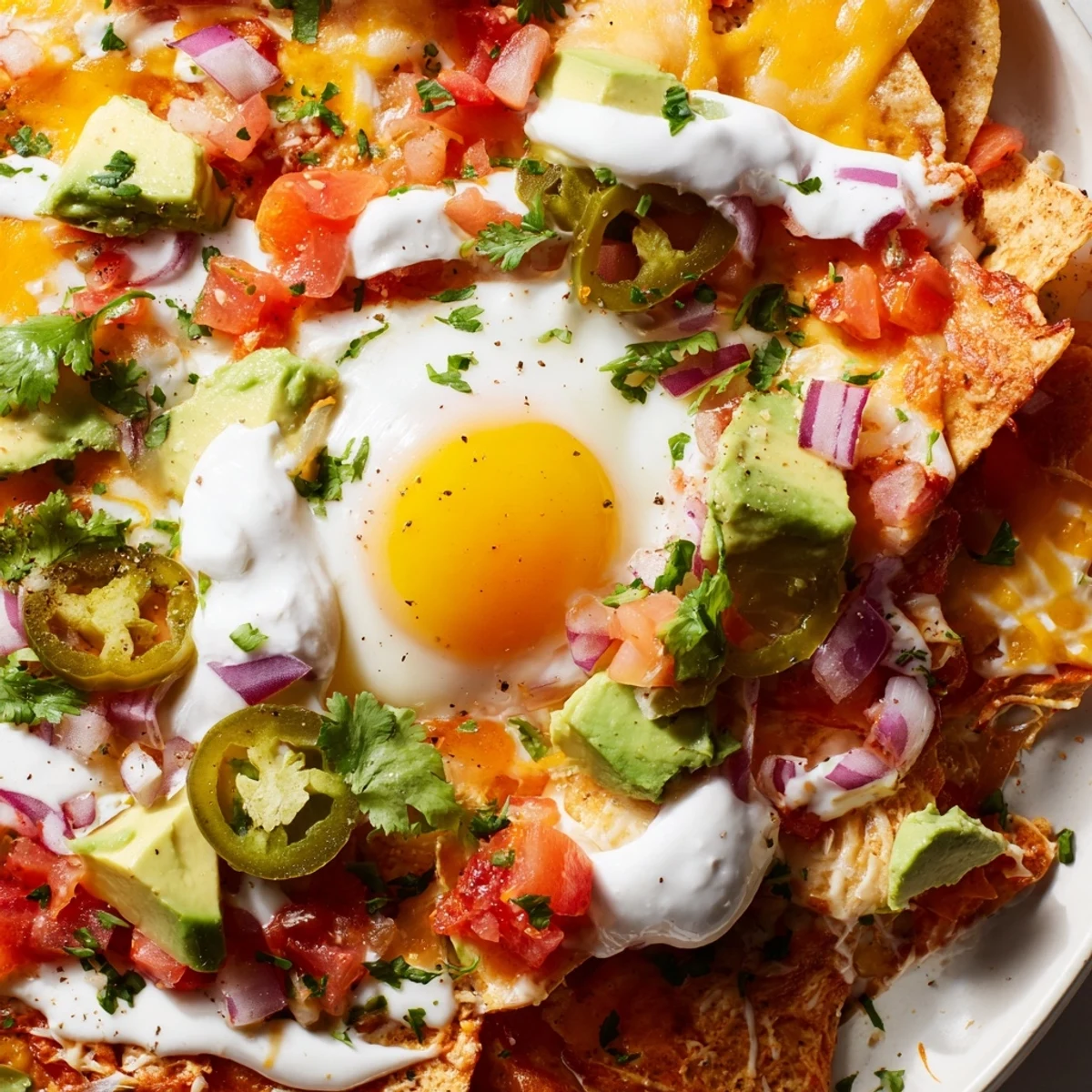 Mexican egg nachos piled high with melted cheese, fresh salsa, and sunny-side up eggs