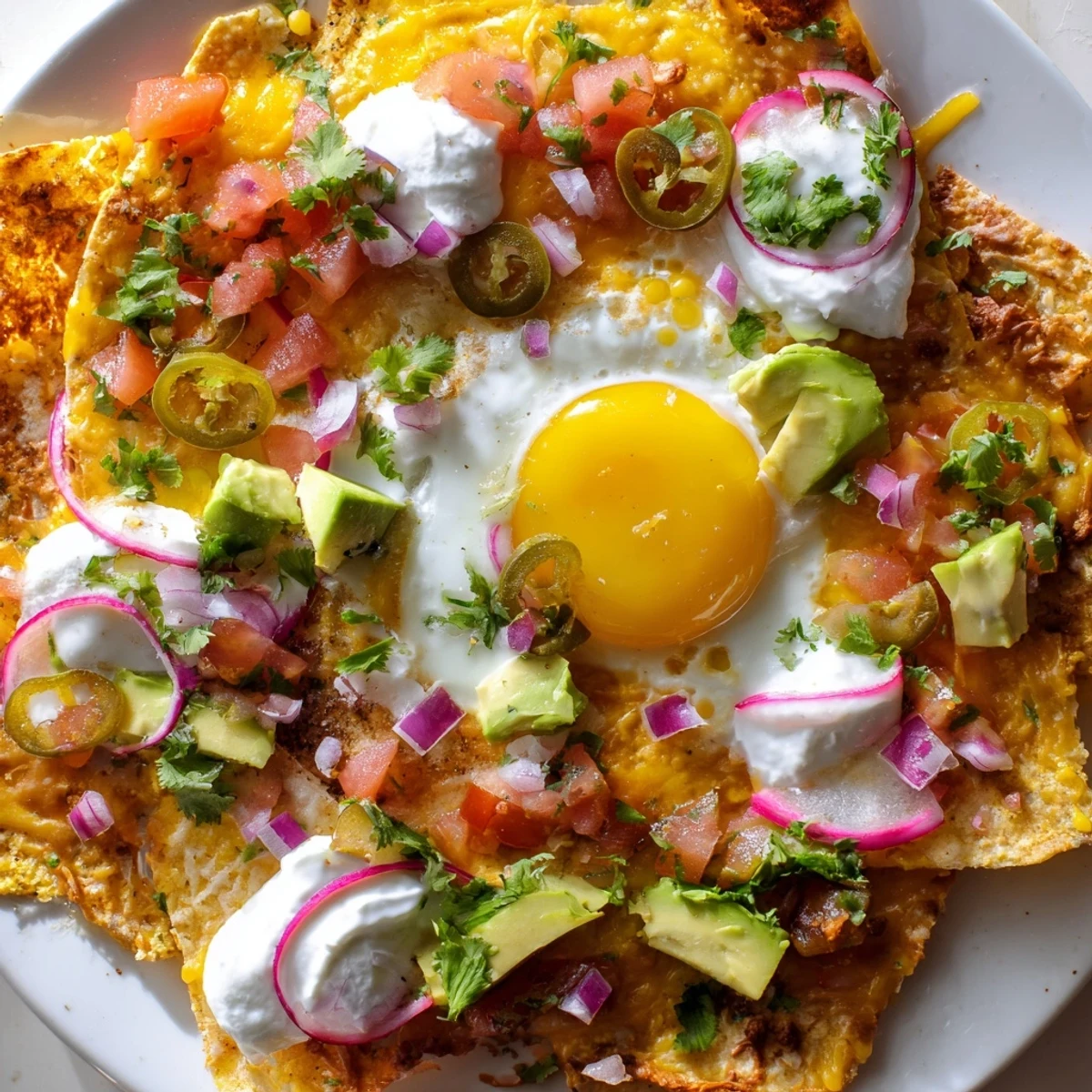 Colorful breakfast nachos featuring fried eggs over cheesy chips with diced tomatoes and jalapeños