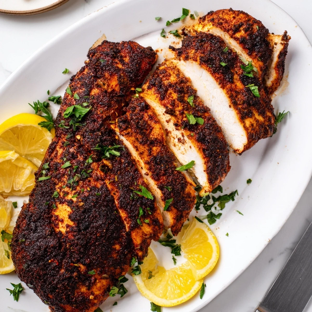 Juicy blackened chicken breast sliced open revealing tender meat with fresh lemon wedges