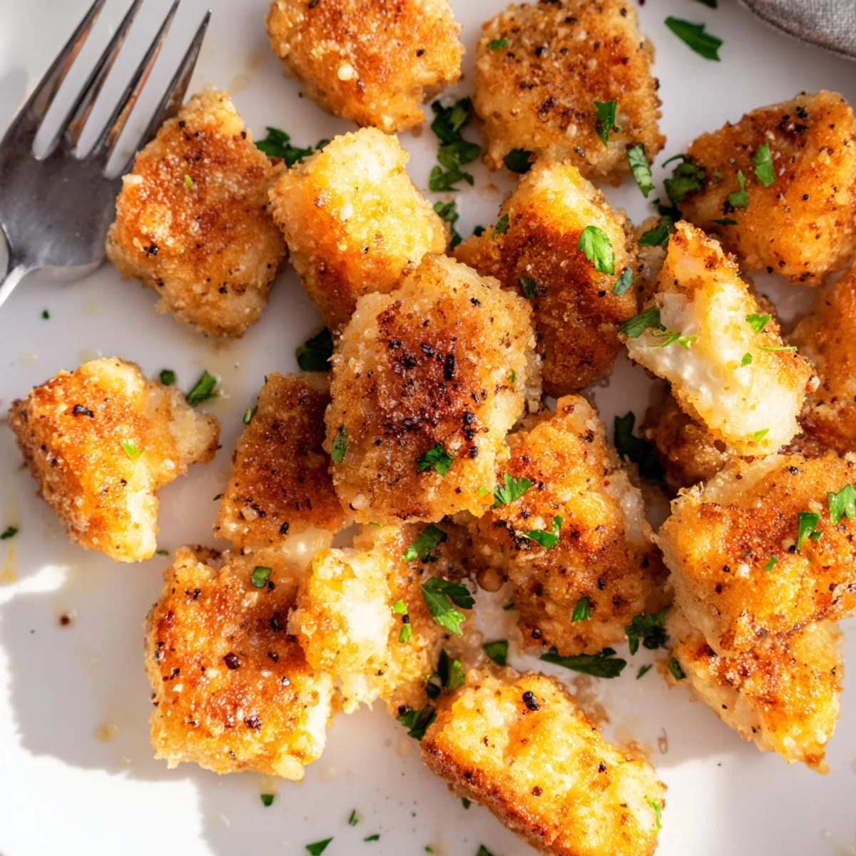 Golden crispy air fryer lemon chicken bites garnished with fresh parsley on a white serving plate