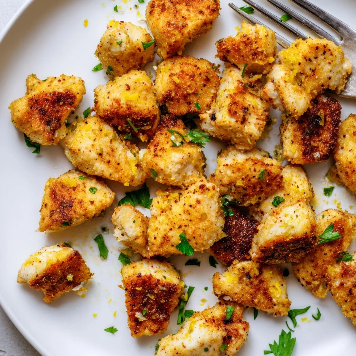 Tender lemon herb marinated chicken pieces arranged on a wooden board with lemon wedges