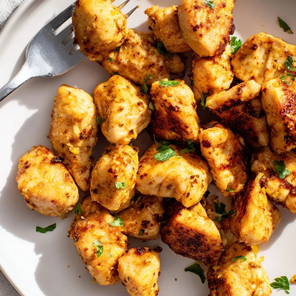 Juicy air fried chicken bites with golden brown edges served alongside fresh parsley garnish