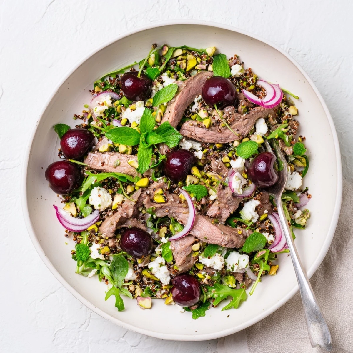 Colorful cherry quinoa salad bowl topped with tender sliced lamb and crumbled feta
