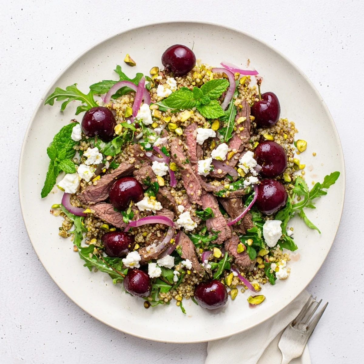 Golden spiced lamb strips served over fluffy quinoa with fresh cherries and herbs