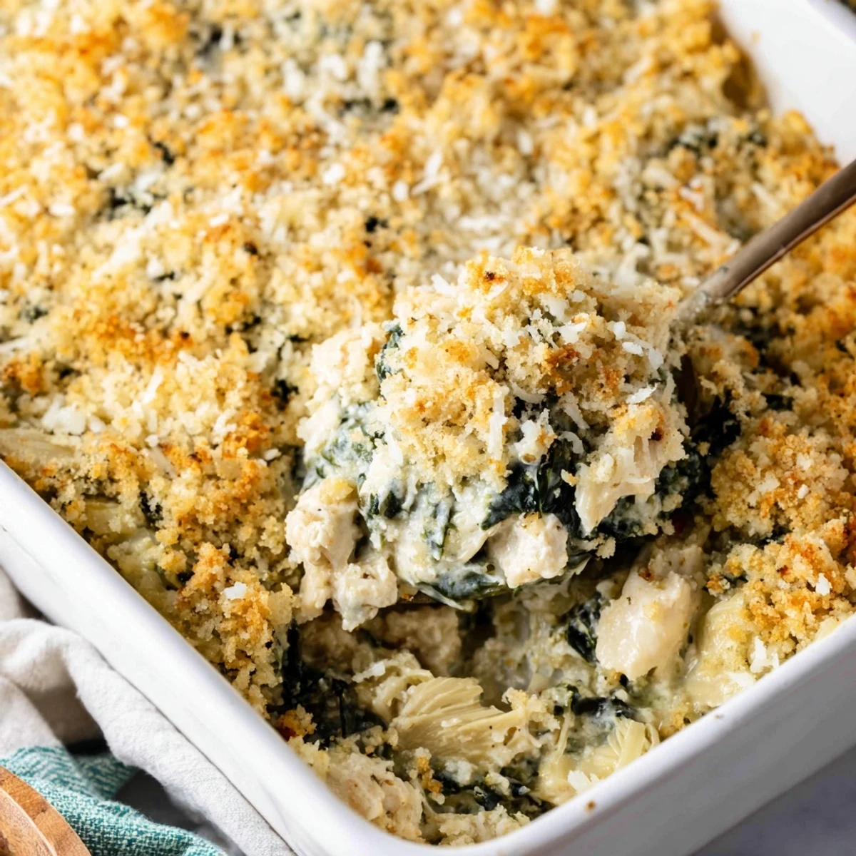 Golden brown high protein spinach and artichoke chicken casserole with bubbling melted cheese topping