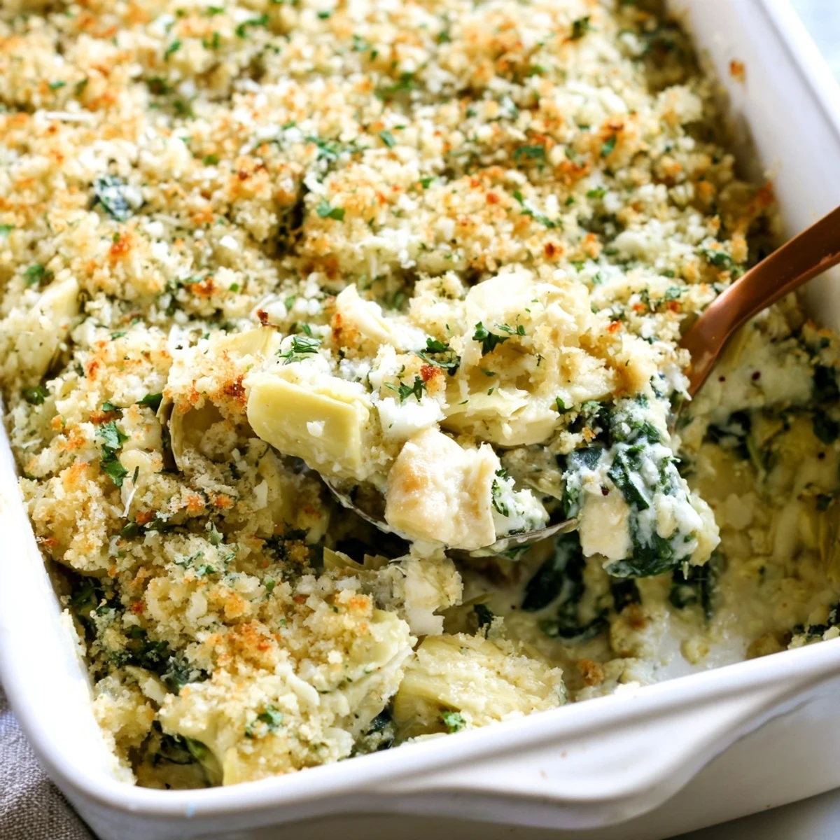 Creamy baked spinach and artichoke chicken casserole served in a white ceramic baking dish