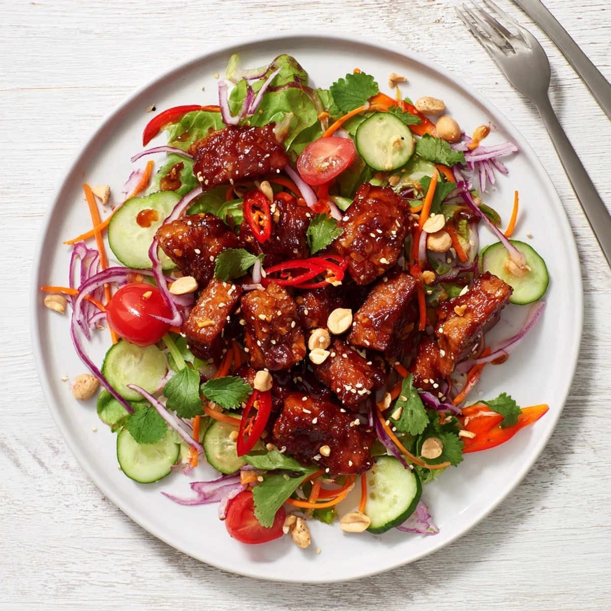 Golden crispy sweet and sour pork belly salad with fresh greens and colorful vegetables