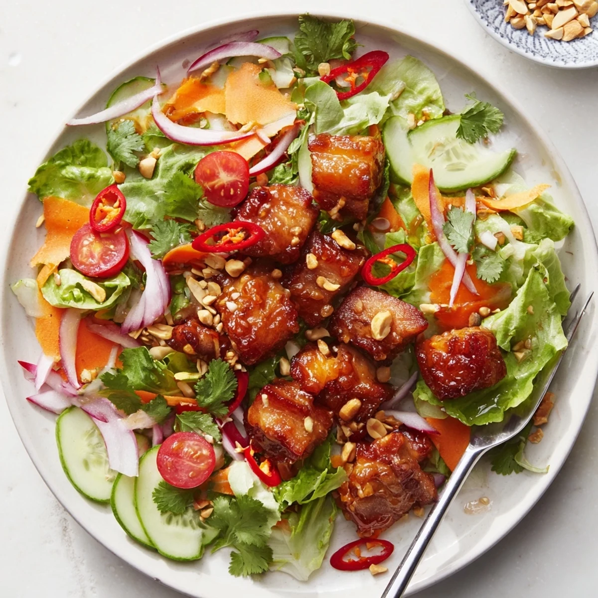Plate of sweet and sour pork belly salad topped with roasted peanuts and sesame seeds