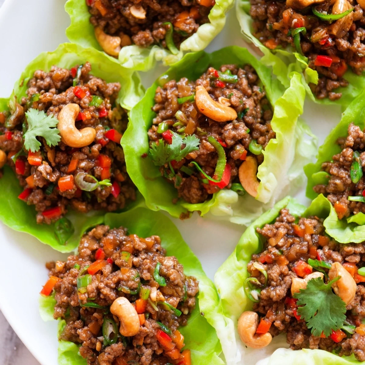 Golden brown ground beef mixture with diced peppers and cashews served in fresh lettuce leaves
