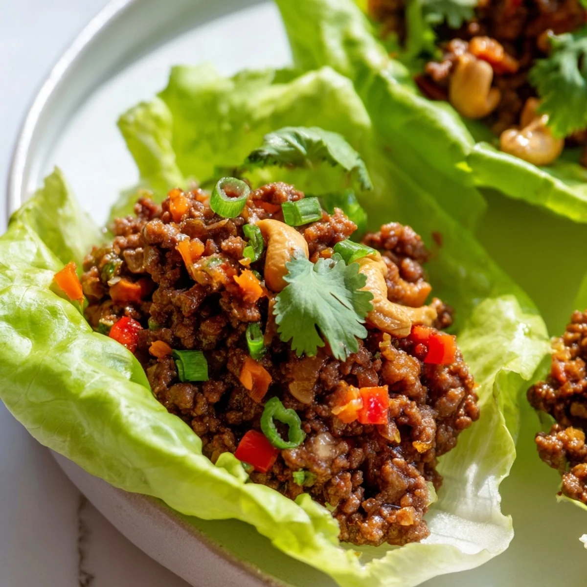 Crisp butter lettuce cups piled high with savory beef and crunchy roasted cashews