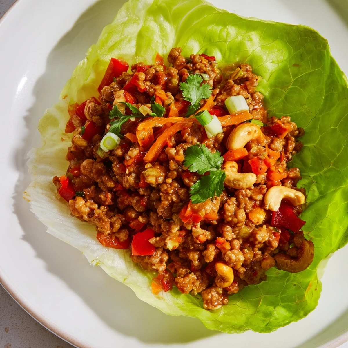 Asian-inspired lettuce wraps filled with seasoned beef, colorful vegetables, and toasted cashew garnish
