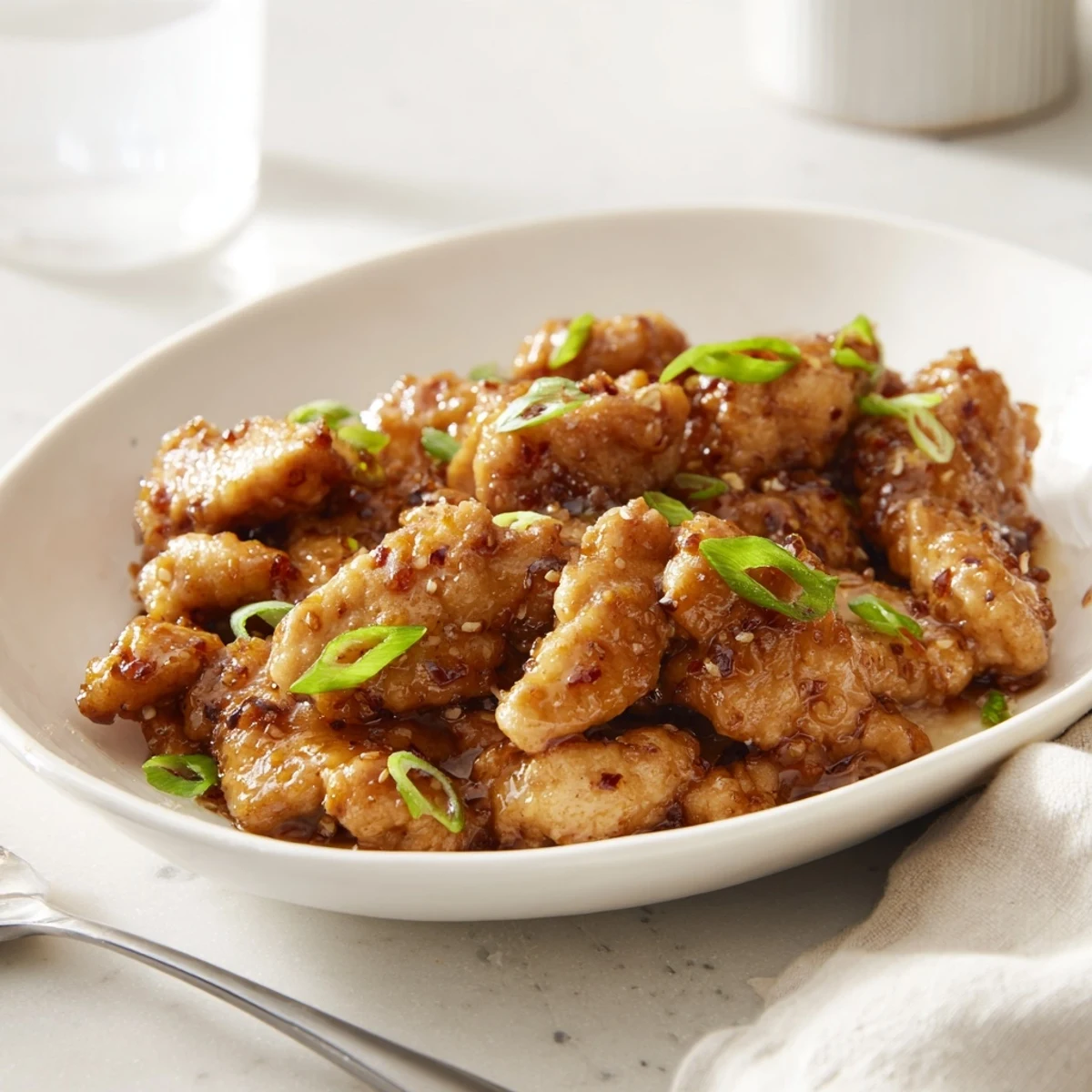 Golden brown Mongolian chicken pieces glazed in a shiny sweet and savory caramelized sauce
