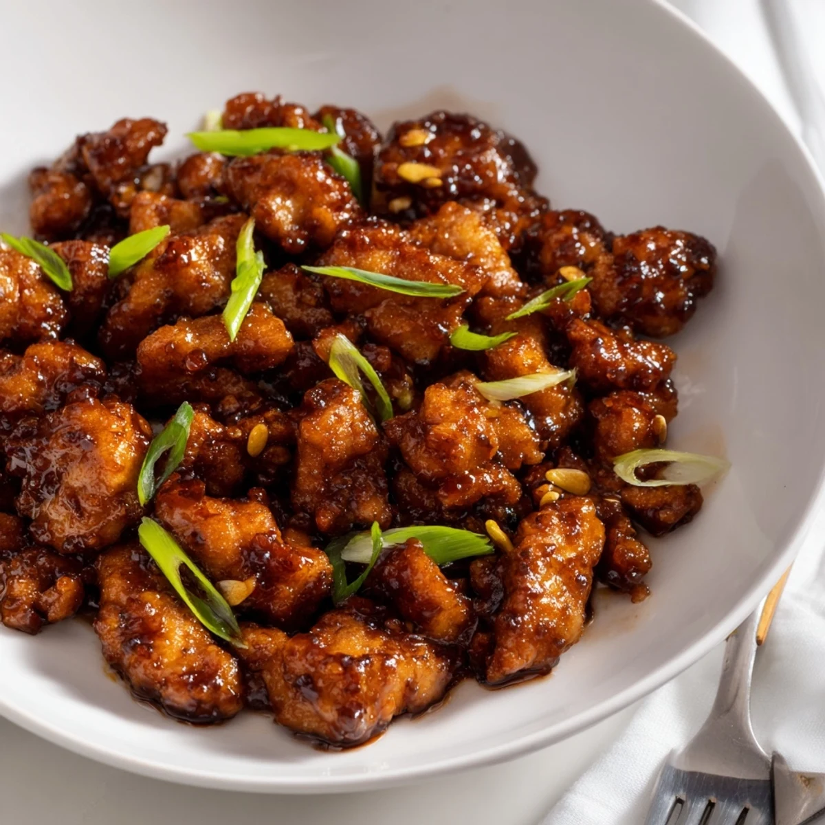 Easy homemade Mongolian chicken served over steaming white rice with fresh green onion garnish