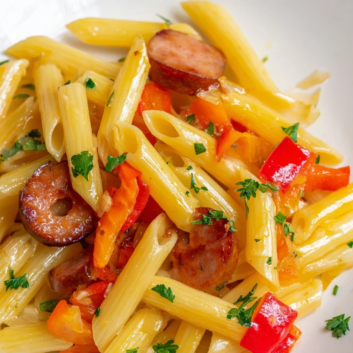 Savory smoked sausage pasta skillet with red bell pepper pieces and sticky honey garlic sauce