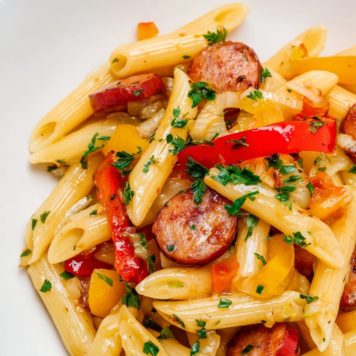 Golden brown sausage and penne pasta coated in a glossy honey garlic glaze in a skillet