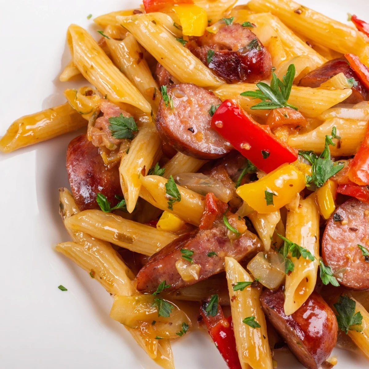 Comforting honey garlic sausage pasta dish served hot with fresh parsley garnish in a cast iron pan