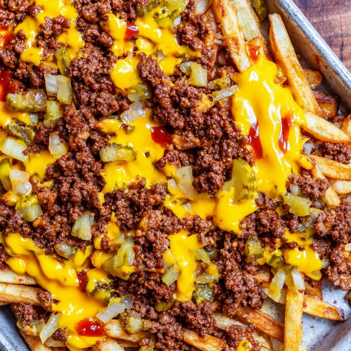 Baked casserole dish layered with seasoned ground beef and topped with golden french fries