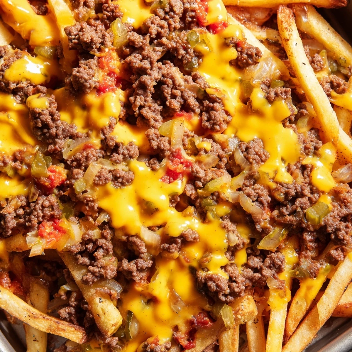 Golden cheeseburger french fry casserole bubbling with melted cheddar and crispy seasoned fries