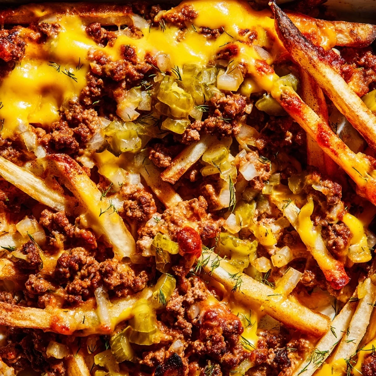 Hearty cheeseburger french fry casserole fresh from the oven with gooey melted cheese topping