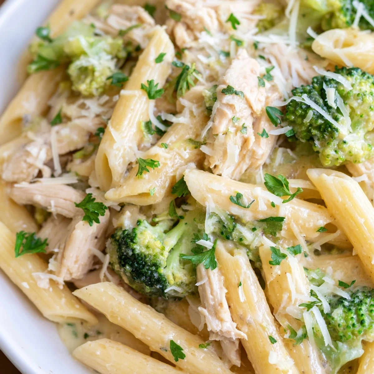 Steamy plate of rotisserie chicken broccoli pasta with tender penne coated in rich white cheese sauce