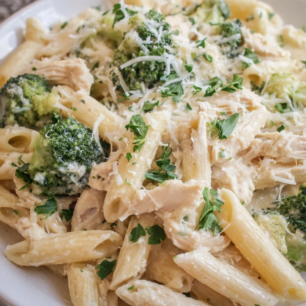 Weeknight dinner rotisserie chicken broccoli pasta featuring shredded chicken and crisp florets in creamy garlic sauce