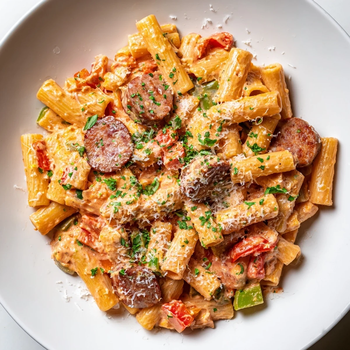 Creamy Cajun sausage pasta with sliced smoked sausage and colorful bell peppers in a rich spiced sauce