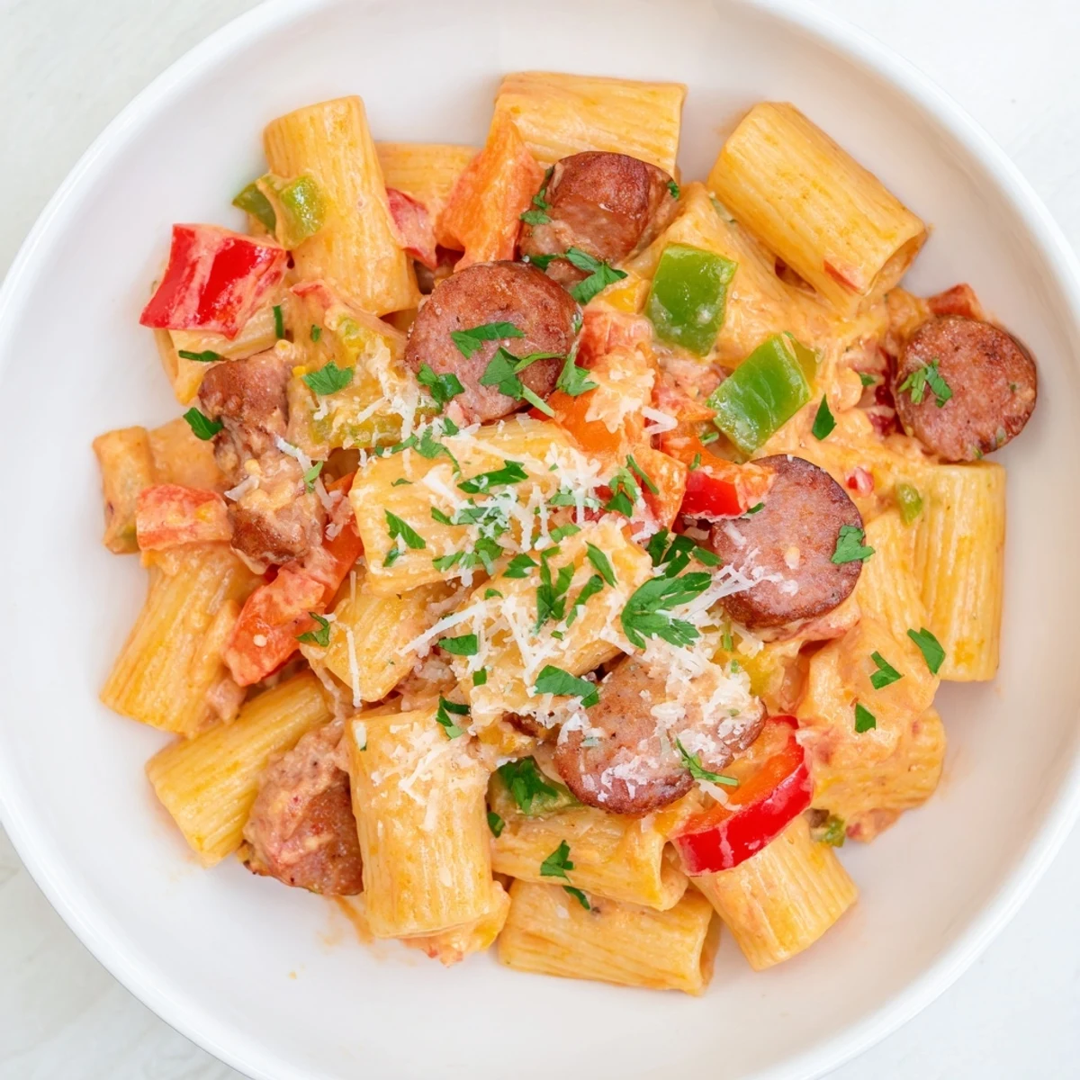 Steaming bowl of Cajun sausage pasta garnished with fresh parsley and grated Parmesan on a rustic wooden table
