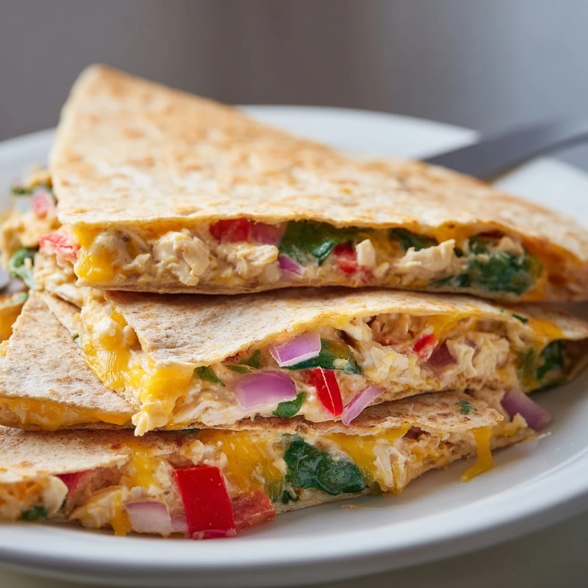 Golden brown high protein chicken ranch quesadilla sliced into wedges with melted cheese