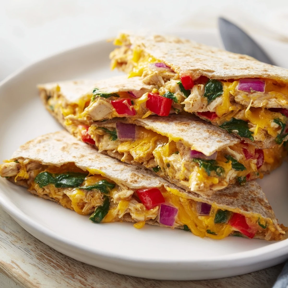 Skillet cooked chicken ranch quesadilla filled with seasoned chicken and colorful vegetables
