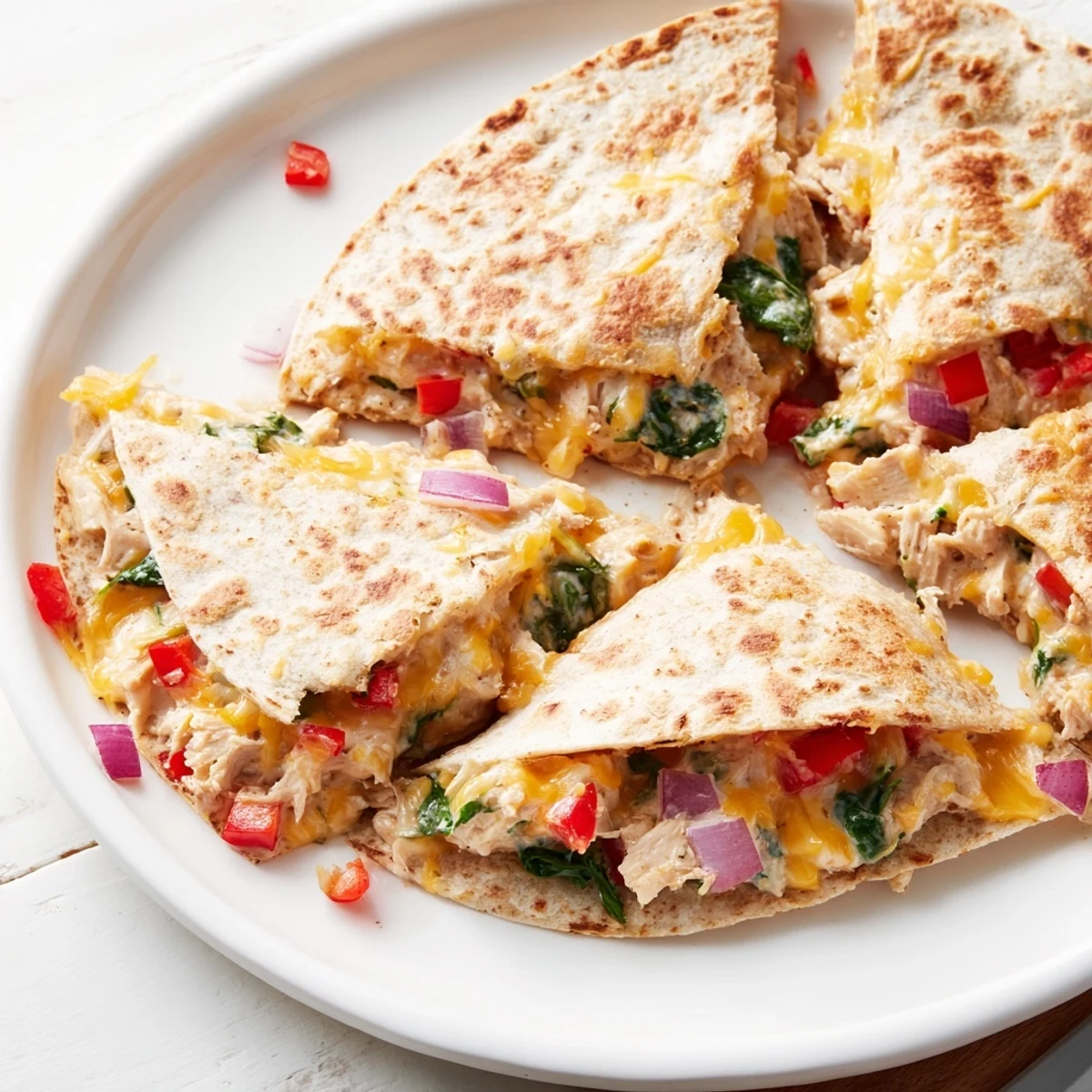 Crispy whole wheat quesadilla oozing cheddar and mozzarella with spiced chicken filling